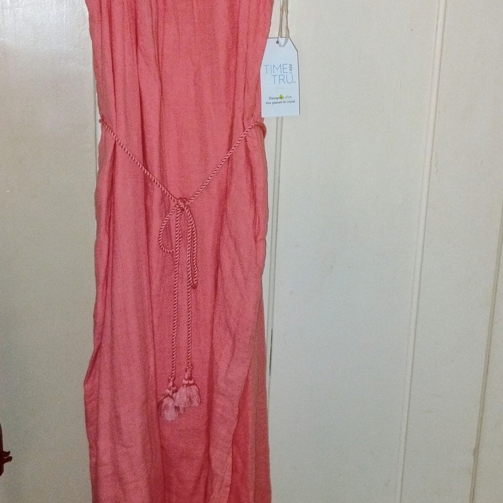 Time and Tru Coral Pink Strapless Maxi Dress with Tassel Rope